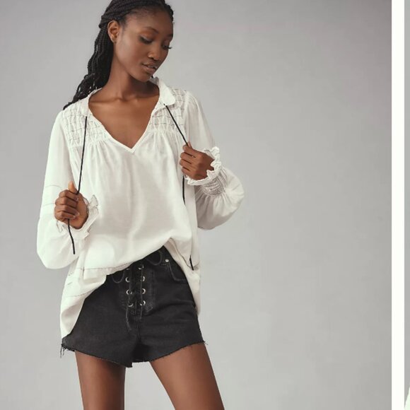 Anthropologie Long-Sleeve Babydoll Blouse White Small NWOT - Picture 3 of 7